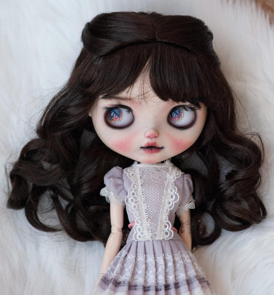 10-11“ Artificial Fiber Doll Wig Long Wavy with Braids and Bangs Dark Brown/Blonde