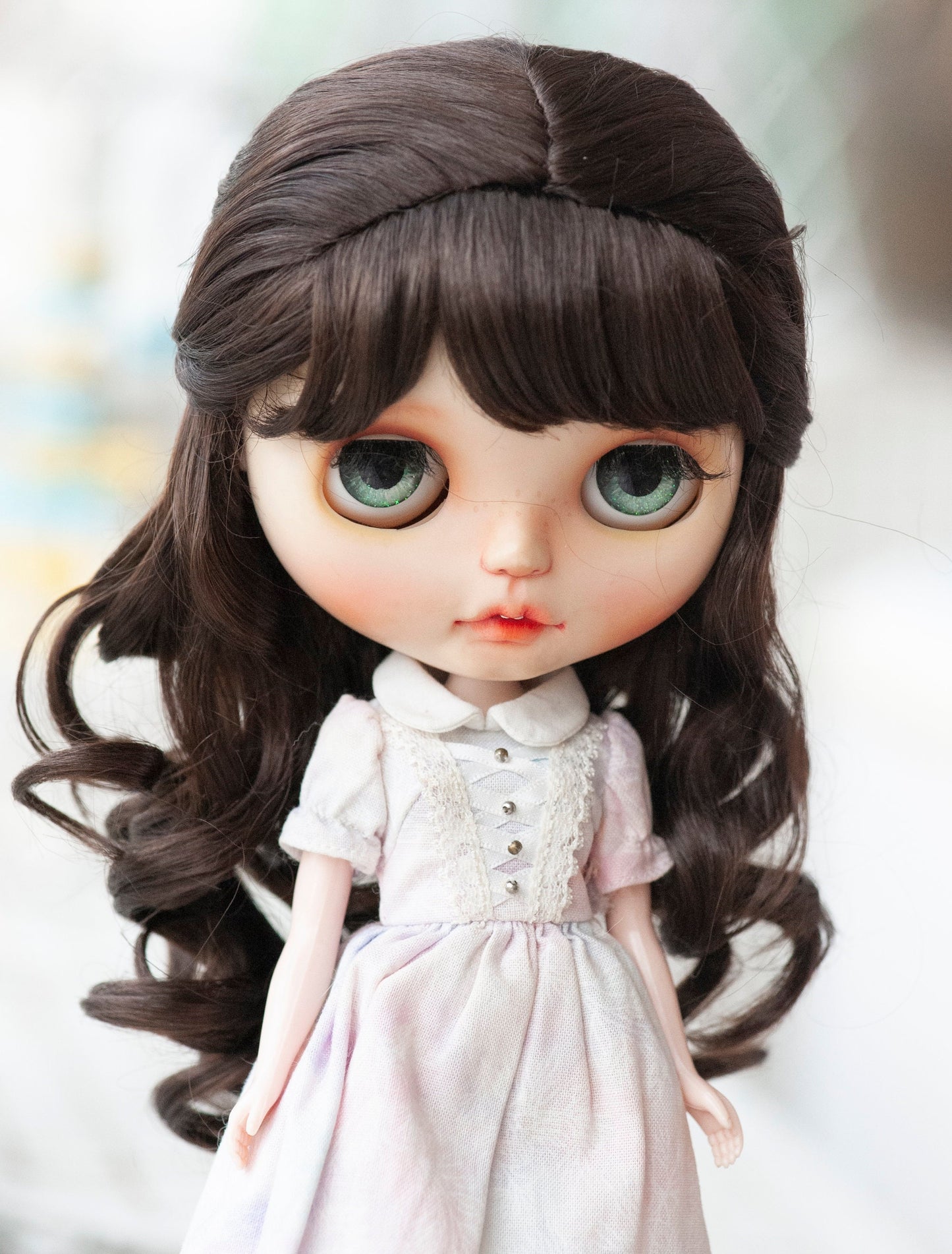 10-11“ Artificial Fiber Doll Wig Long Wavy with Braids and Bangs Dark Brown/Blonde