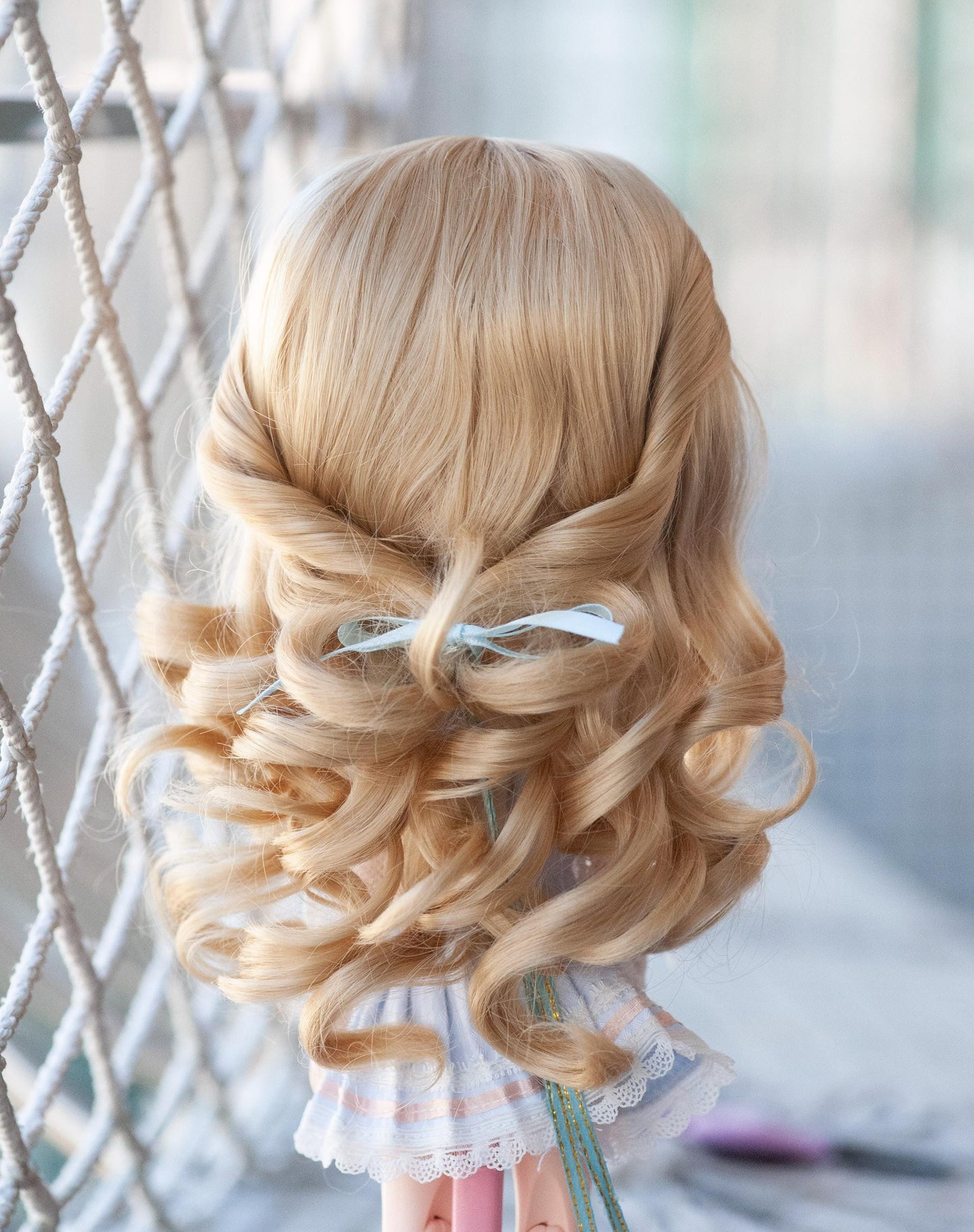 10-11“ Artificial Fiber Doll Wig Long Wavy with Braids and Bangs Dark Brown/Blonde