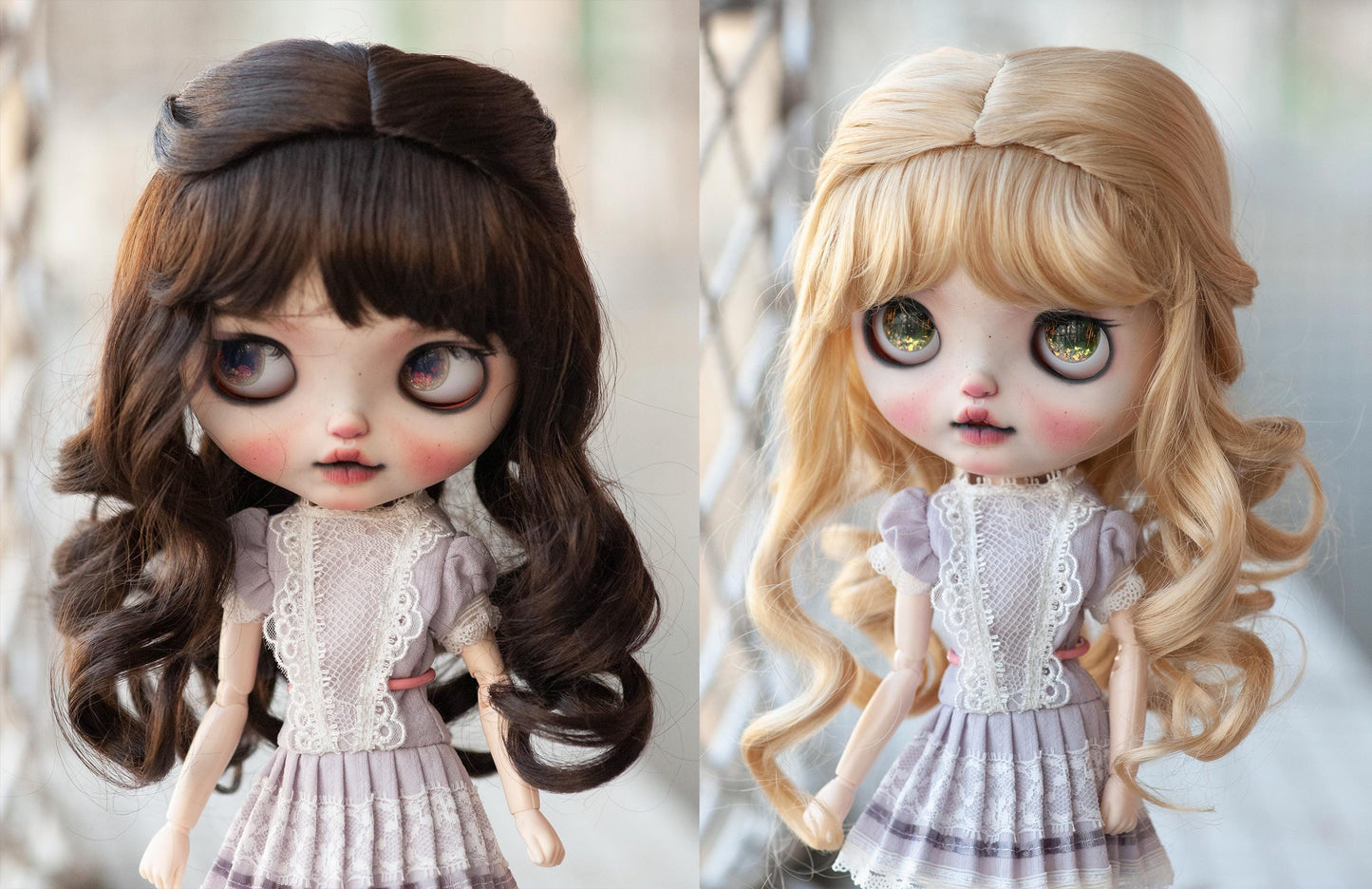 10-11“ Artificial Fiber Doll Wig Long Wavy with Braids and Bangs Dark Brown/Blonde