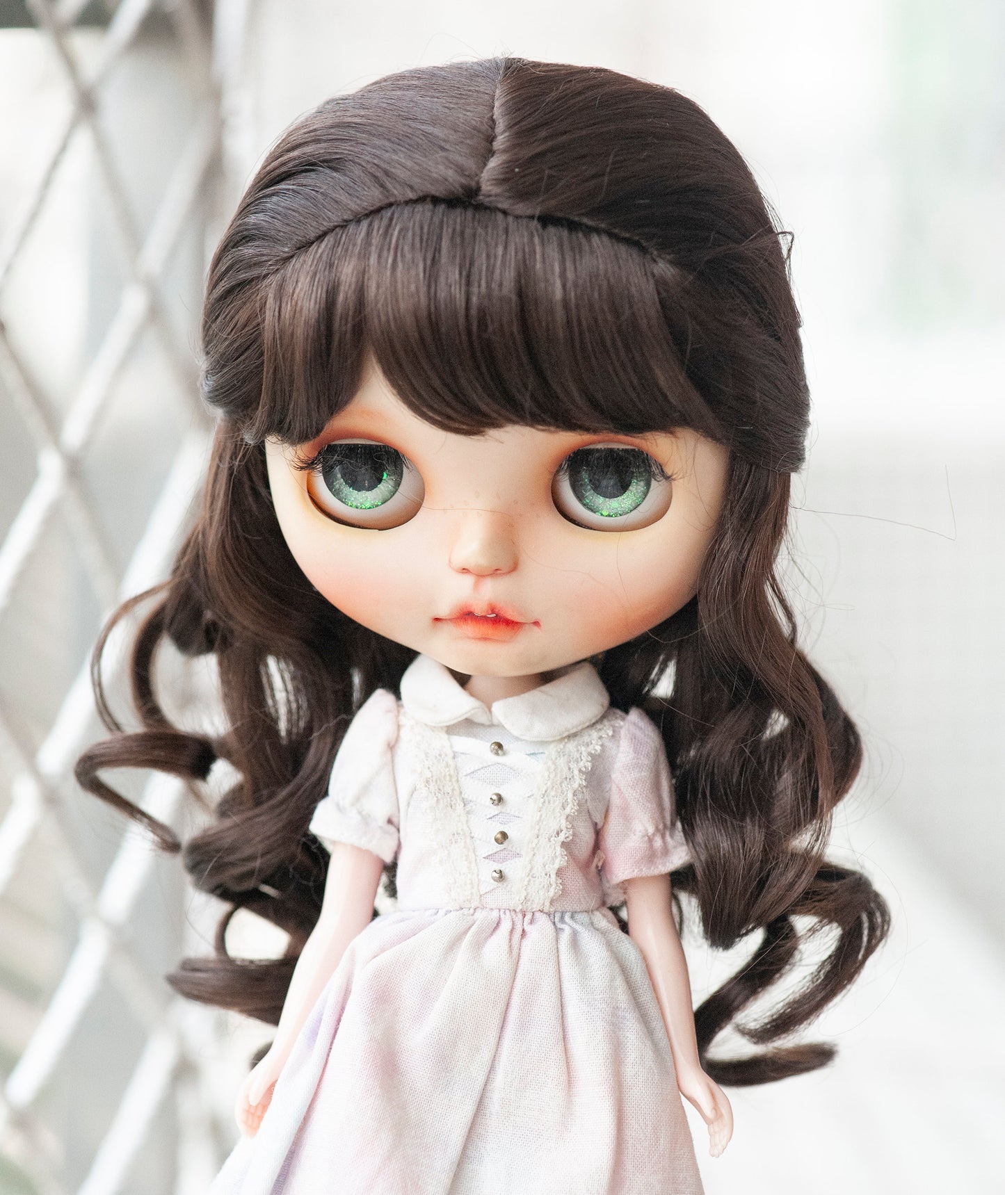 10-11“ Artificial Fiber Doll Wig Long Wavy with Braids and Bangs Dark Brown/Blonde